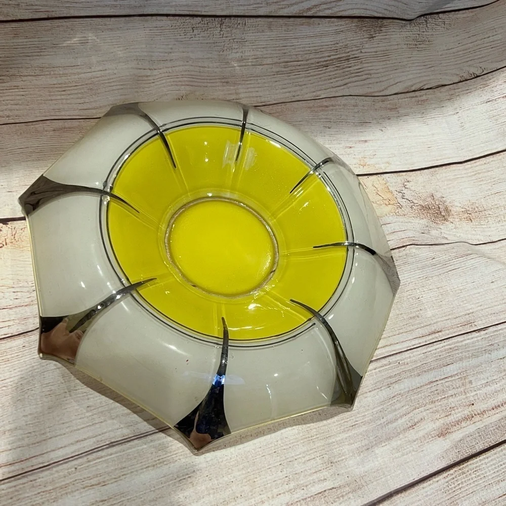 Art Deco Fired On Yellow, White and Silver Large Serving Bowl Decorative Vintage